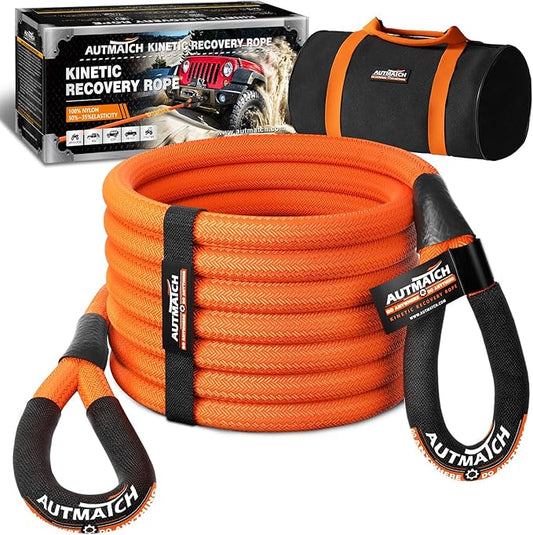 AUTMATCH Kinetic Recovery Tow Rope 1" x 20FT - Heavy Duty Offroad Snatch Strap 48000Lbs, 35% Elasticity Energy Recovery Tow Rope for 4x4 Off-Road Vehicle, Truck, Trailer, ATV, UTV, Orange