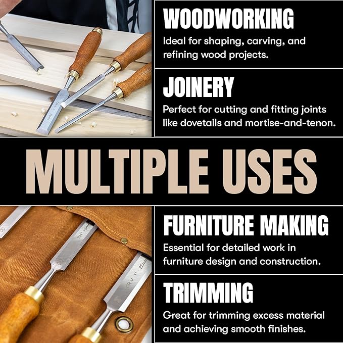 Mt Diablo Woodworking Tools 4 Piece Chisel Set - Premium CV60 Steel Wood Chisel Sets with Ergonomic Handles, Includes 1/4" 1/2" 3/4" 1" Widths - Ideal for Woodworkers - Durable Waxed Canvas Tool Roll
