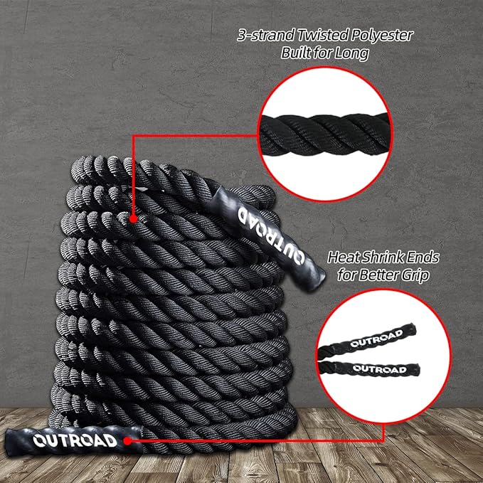 Outroad Battle Rope, 1.5" Diameter 30ft Poly Dacron Workout Exercise Training Heavy Rope, Workout Equipment for Crossfit Training Home Gym & Fitness Exercises, Black and Pattern