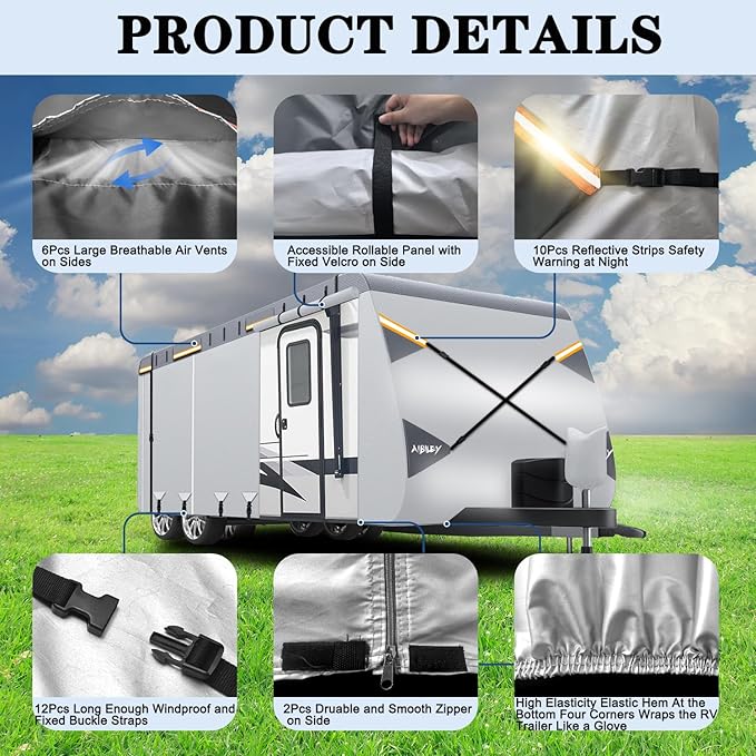 RV Cover 30-33FT Travel Trailer and Camper Covers,Durable Tearproof Oxford Polyester Fabric for Waterproof,Cold and UV Resistant,Air Vent,Side Zipper,Reflective Strip,Windproof Buckles-Aibiley