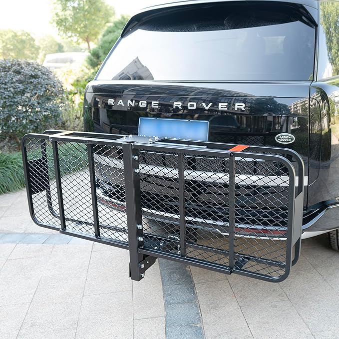 Folding Hitch Mount Cargo Carrier Basket 60x20x6” Rear Luggage Rack Basket,500LBS Capacity, Hitch Mount for 2" Receivers, Powder Coating, Heavy Duty, Durable, Easy Assembly, Straps Stabilizer
