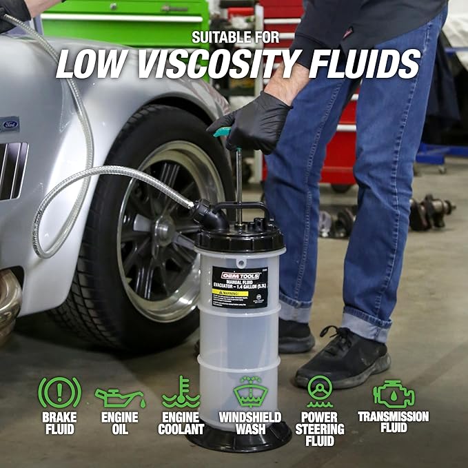 OEMTOOLS 24389 Manual Fluid Extractor Pump, 1.4 Gallon (5.3L) Oil Extractor Pump Capacity, Use for Oil, Coolant, and Transmission Fluid, 2 Dipstick Adapters, 5ft Hose