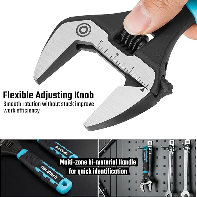 DURATECH 8-Inch Adjustable Wrench, Wide Jaw Opening Plumbing Wrench, CR-V Steel, SAE and Metric Scale Marked, Ergonomic Grip