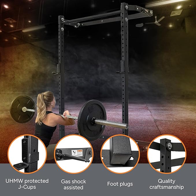PRx Performance Murphy Foldable Squat Rack with Space-Saving Pull-Up Bar - Wall-Mounted Gym Equipment, Includes J-Cups for Barbell, Ideal for Strength Training, Bench Press and Leg Squats