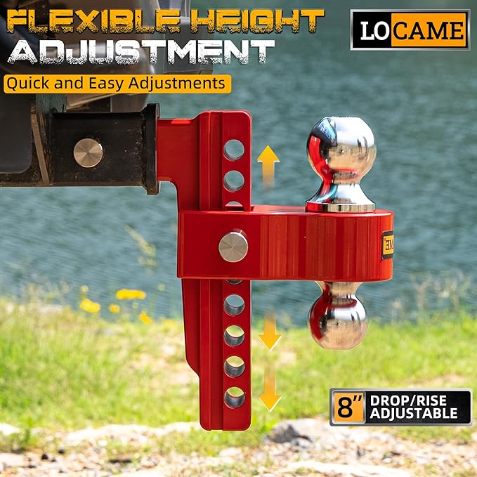 LOCAME Adjustable Trailer Hitch, Fits 2.5-Inch Receiver Only, 8-Inch Drop/Rise Aluminum Drop Hitch,18,500 LBS GTW-Tow Hitch for Heavy Duty Truck with Double Stainless Steel Locks, Red, LC0015