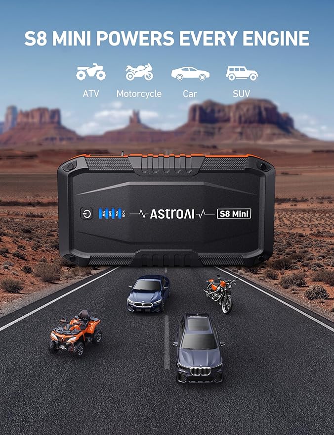 AstroAI S8 Mini Car Battery Jump Starter, 12V Portable Car Starter for Up to 6.0L Gas/3.0L Diesel Engine, Auto Battery Booster Pack, Lithium Jump Box with Jumper Cables & LED Light (Orange)