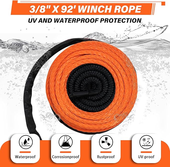 TYT Synthetic Winch Rope 3/8" X 92' with Hook, 27000LBS Synthentic Winch Cable Kit with Protective Sleeve for 4WD Off Road Vehicle Truck SUV Jeep (Orange)