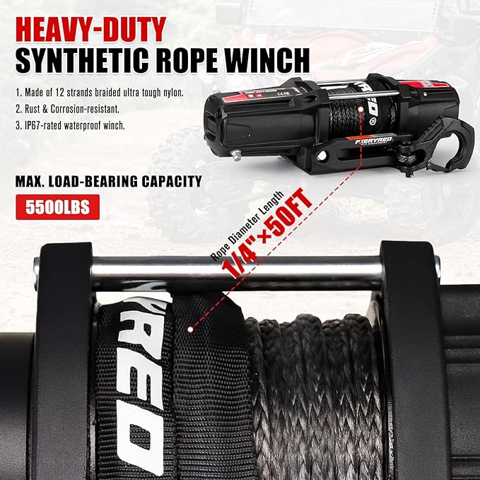 FieryRed ATV/UTV Winch 12V 5500 lb Electric Winch with Synthetic Rope, with Wireless Remote Control Hawse Aluminium Fairlead & Mounting Bracket, Waterproof IP67