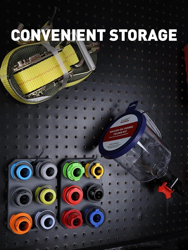 SMART JERRY - Spill-Proof Engine Oil Funnel Kit｜Oil Change Funnel w/ 12 Adapters & 2 Magnetic Adapter Organizer Boards｜Transparent Body w/Scale & Shut-Off Valve｜Universal Fit