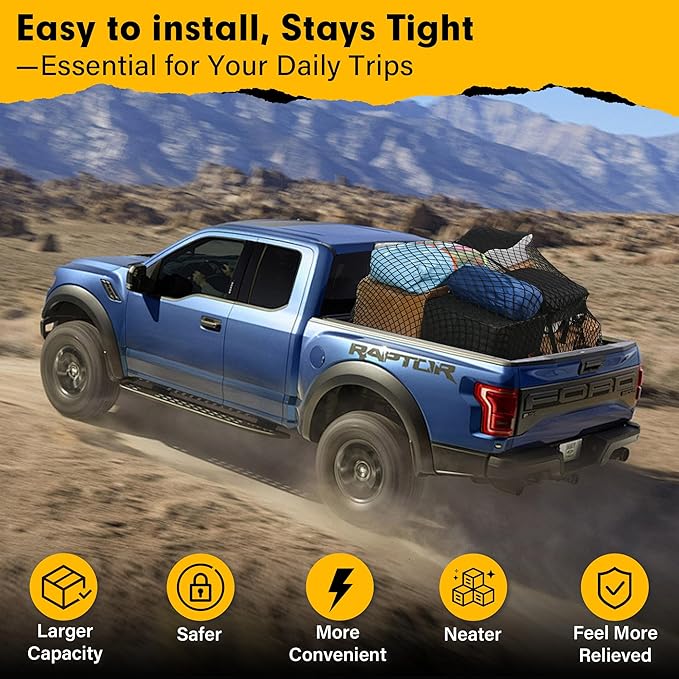 Cargo Net for Pickup Truck Bed 4'×4' Stretches to 7'×7', Highly Elastic Truck Bed Net with Fine Mesh & 8 Strong Metal Carabiners, Easy to Install Cargo Netting for Vehicles, Trailers, Boats
