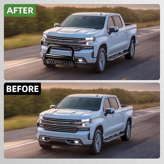Bull Bar Compatible fit for Chevy Silverado 1500/GMC Sierra 1500 2019-2025 Front Bumper Guard 3" Tubing Brush Grille Guard Truck Protector Push Bar with Skid Plate Black