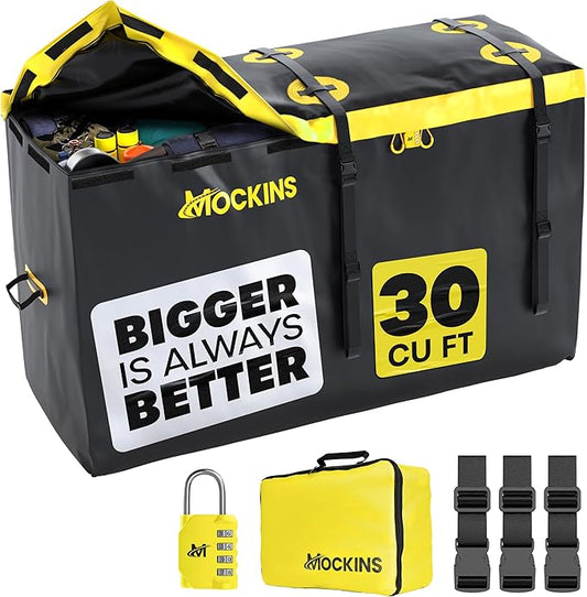 Mockins 30 CuFt Trailer Hitch Cargo Carrier Bag | 60"x24"x36" Weatherproof Cargo Bag for Hitch Carrier | Waterproof Truck Bed Storage | Vinyl Vehicle Soft Shell Carriers Set for Road Trips & Camping
