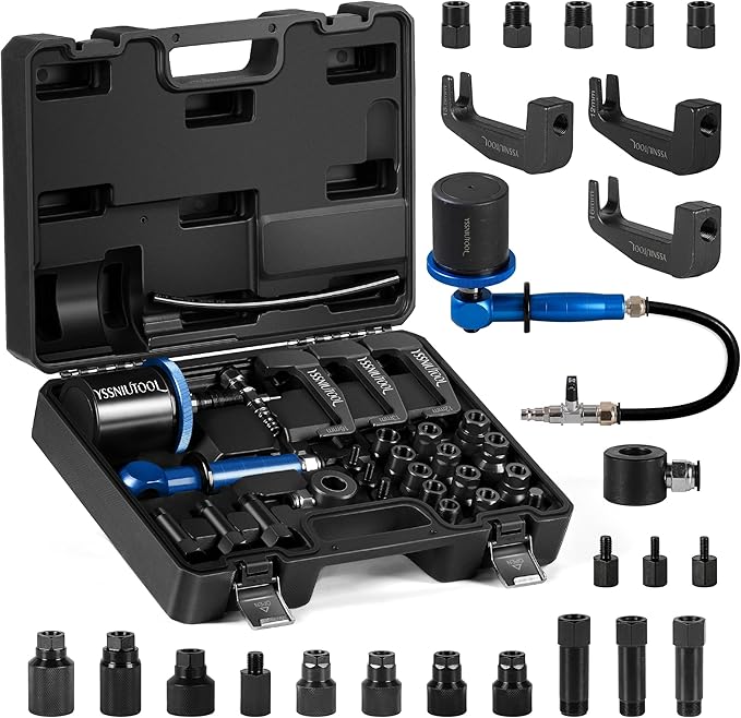 27PC Upgrade Pneumatic Injector Puller For Diesel Engine, Labor-Saving Injectors Removal Tool Kit ,18 Adapters, 3 Hooks,High Impact Extractor Hammer Puller Air Vibration Injector Extractor with Handle