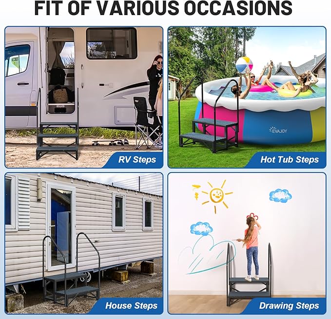 RV Steps Spa Steps with Handrail - 2 Step Hot Tub Steps Trailer Steps Mobile Home Stairs for 5th Wheel RV, Trailer, Hot Tub, Pool, Porch with Non-Slip Mats