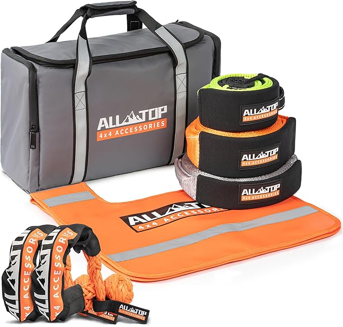 ALL-TOP Recovery Pack 7in1: Water-Resist Offroad Gear Bag with Tow Strap, Tree Saver, Extension Strap, Damper & 2 Soft Shackles