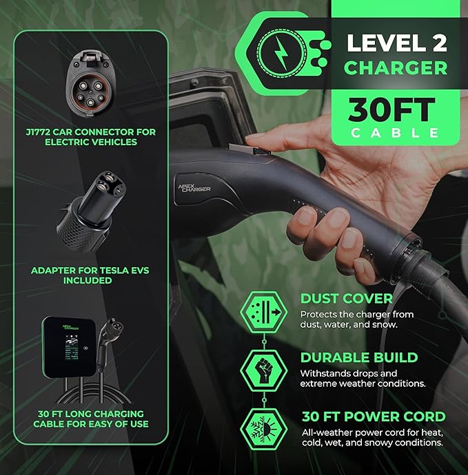 MACH 2:Fast Hardwired Level 2 EV Charger J1772 car Connector, 48 amp Garage-pro Wall-Mount EVSE - Electric Vehicle Charging Station. Accessories: 30ft Cable & Tesla NACS Portable Adapter Extension