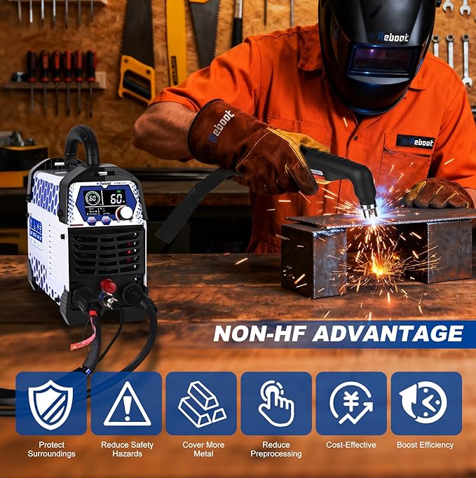 Reboot Plasma Cutter Non-High Frequency Non-Touch Pilot Arc, 120V/240V Dual Voltage, 1 Inch Max Cut 5/8 Inch Clean Cut, Mesh Cutting, 2T/4T, Large LED Display for Beginners DIY
