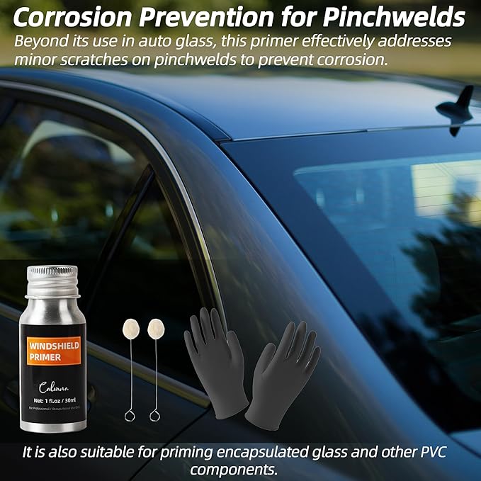 1 fl.oz Windshield Primer, Urethane Primer for Automotive, Promotes Adhesion of Polyurethane Sealants, UV Resistant, Fast Drying, with 1 Pair Gloves, 2 Applicator Sticks, Black