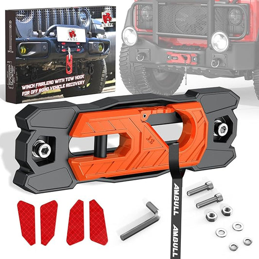 Winch Fairlead with Tow Hook, Aluminum Hawse Fairlead with Grade 80 Forged Steel Winch Hook, 33000lb Break Strength Winch Fairlead Hook Set for Off-Road Vehicle Recovery, BlackOrange