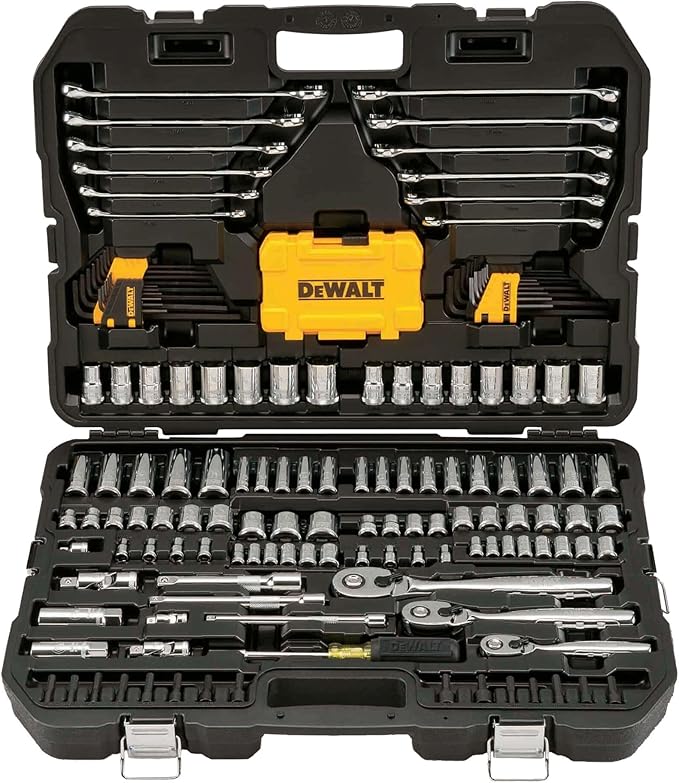 DEWALT Mechanic Tool Set with Case, Socket Set Metric and Standard Full, 1/4" & 3/8" Drive, Hex Keys and Specialty Tools, 168-Piece (DWMT73803)