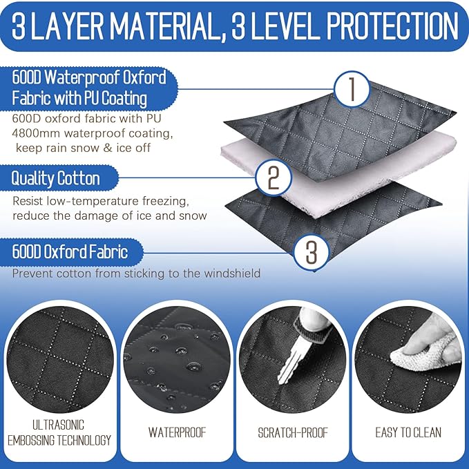 KALINCO Windshield Cover for Ice and Snow, 600D Oxford Fabric Car Windshield Snow Cover, Anti-Frost Waterproof Winter Windshield Covers, Fits Most Cars SUVs Trucks Sedans