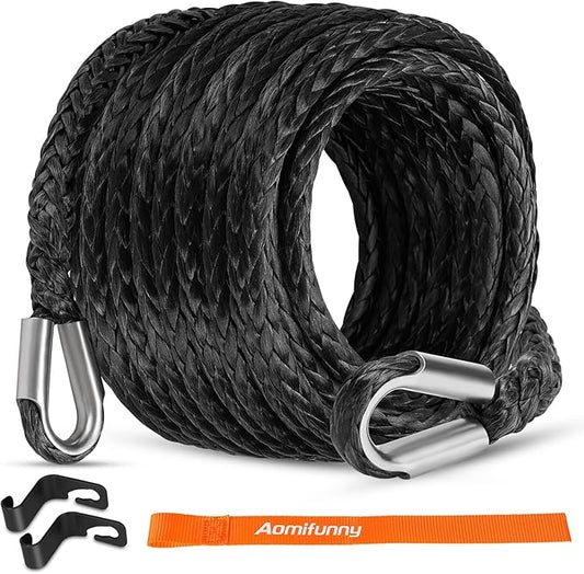 Synthetic Winch Rope Extension, 3/8Inch x 50Ft 26500 Lbs Winch Extension Cable Replacement Tow Ropes Line for Off Road Vehicle ATV UTV Truck SUV Jeep (Black)