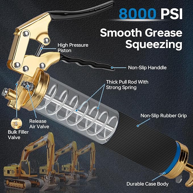 Grease Gun Kit, 8000 PSI Heavy Duty Pistol Grip Grease Gun with 14 OZ Capacity, Includes 0.53" Grease Coupler & 90° Grease Adaptor, Grease Guns for Automotive, Agricultral, Industrial, Marine
