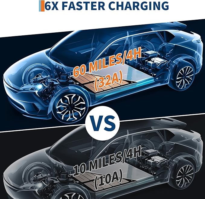 Level 2 EV Charger, 32A 240V Voltage, NEMA 14-50 Plug, 25 ft Cable, Adjustable Current/Delay Timer, SAE J1772 Listed Portable Electric Car Charger for Indoor/Outdoor Use