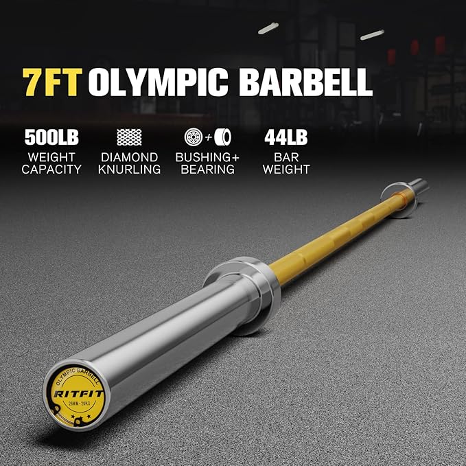 RITFIT 7FT Olympic Barbell for Strength and Weightlifting Training - 2 Inch Olympic Bar for Squat, Deadlift, Bench Press, Curl, Overhead Press - 500lbs/1000lbs/1500lbs Capacity