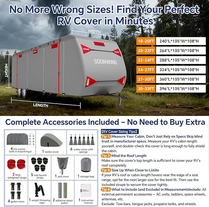 Heavy Duty 7 Layers RV Cover, Camper Cover & Travel Trailer Cover 18-20ft, Waterproof Windproof All-Weather Protection with Tongue Jack Cover, Gutter Covers & Reinforced Straps - Red