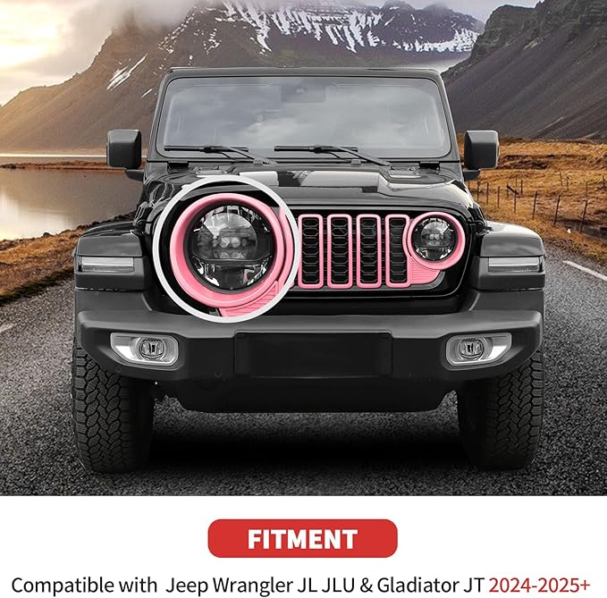 Front Grill Insert+Headlight Turn Light Cover Compatible with 2024-2025 Jeep Wrangler JL JLU & Gladiator JT Exterior Accessories,Not Fit for JL Sport & Sports (Pink)