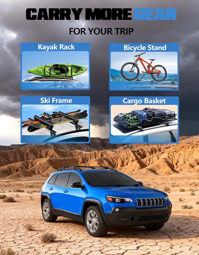 FengYu 300lb Roof Rack Cross Bars Compatible with Jeep Cherokee 2014-2023, Heavy Duty Lockable Aluminum Roof Rails Crossbars Cargo Bars Canoe Rooftop Black Carrier Luggage