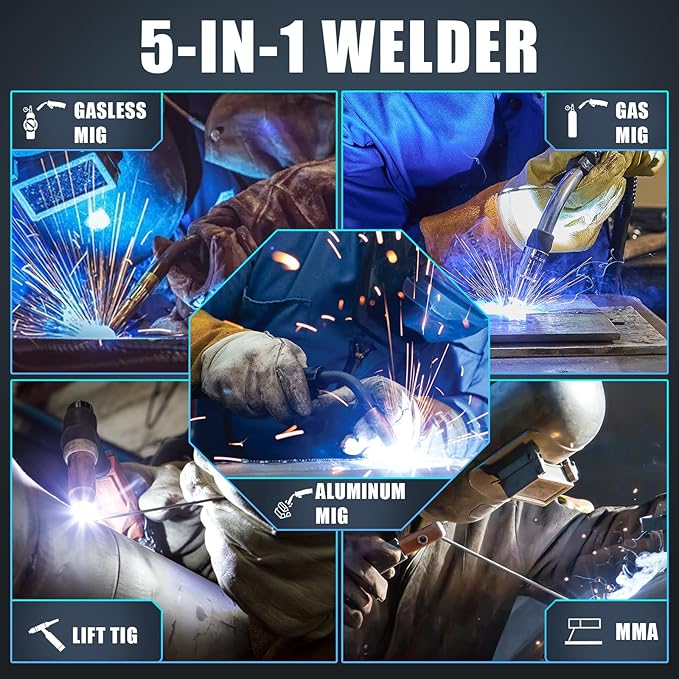 AZZUNO Aluminum MIG Welder 155Amp, Dual Vlotage 110V/220V 5-in-1 Welder Machine Gasless MIG/Gas MAG/Aluminum MIG/Stick/Lift TIG Welding, Multiprocess Welding Machine