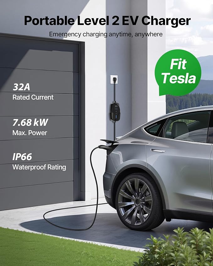 VEVOR Level 2 Tesla Charger, 32 Amp Adjustable Current, 240V Portable Home Electric Car EV Charger with 25 ft Charging Cable, NEMA 14-50P Plug, LCD Display, NACS Connector, for Tesla Model Y/X/3/S