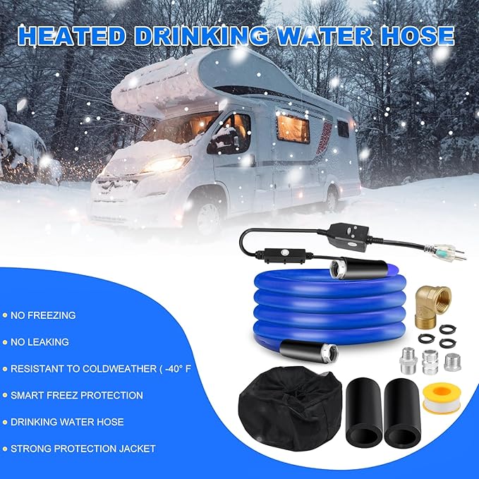 BHB Upgraded 75 FT Heated Water Hose 5/8" ID Compatible with RV -45 ℉ Antifreeze Energy Saving Thermostat RV Accessories, with 4 Types of Adapters