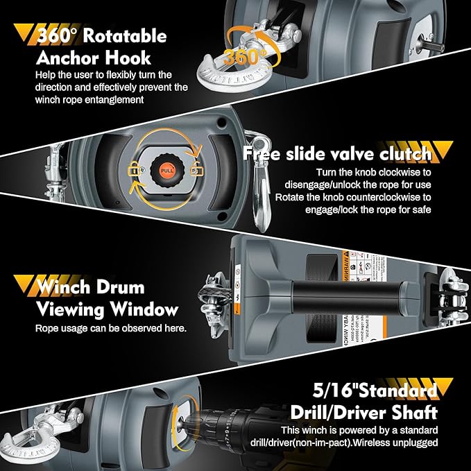 Portable Drill Winch of 1000 LB, Black Handheld Drill Winch with 40 Foot Synthetic Rope, Rotate The Hook 360 Degrees, for Lifting & Dragging