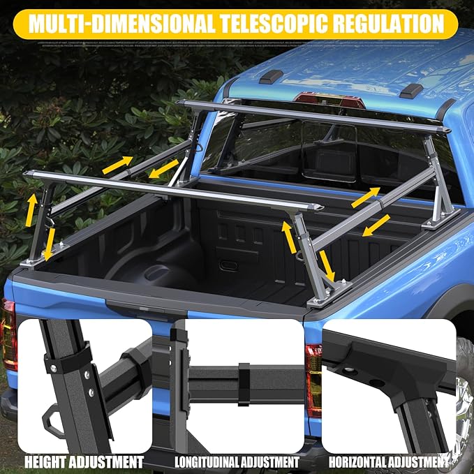 Truck Ladder Rack, Adjustable Height Aluminum Extendable Cargo Rack Cross Bars Truck Bed Rack for Full Size & Mid Size Pickup Trucks,Ford F-Series,Tacoma,Tundra,Gladiator JT,Silverado,GMC Sierra,Titan
