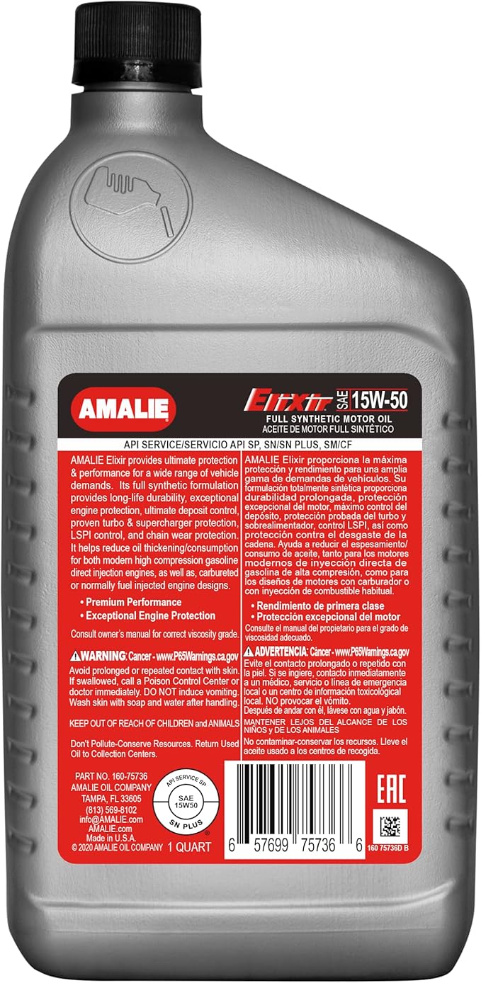 AMALIE Elixir Full Synthetic 15W-50 (160-75736-56) 1 Quart Bottle, Pack of 12 | Made in USA