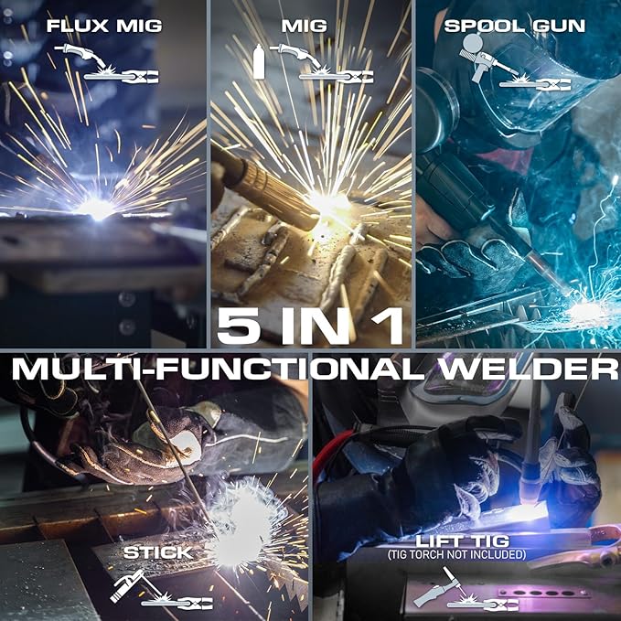 MIG Welder, 200A Duo Voltage 5 in 1 Aluminum MIG Welding Machine, MIG/Flux Core/Spool Gun/Lift TIG/Stick, IGBT Inverter Welder Synergic Control, Digital Display (NEW VERSION)