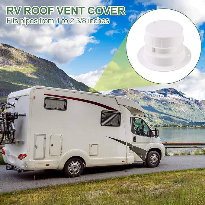 RV Vent Covers for Roof, 2 Pack White RV Roof Vent Covers with Screws for Trailer, Camper, Motorhome, Camper Vent Cover Kit for 1 to 2 3/8 Inch Pipe