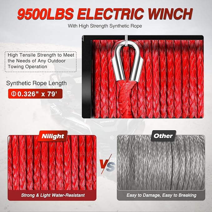 Nilight Electric Winch 12V Waterproof IP68 Towing Winches for Trailer Jeep ATV UTV Truck SUV 9500 LBS Portable Badlands Winch with Synthetic Rope Hawse Fairlead Wired Handle Wireless Remote Red Rope