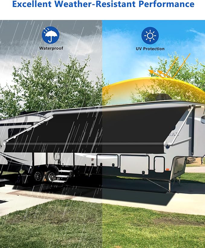 RV Awning Fabric Replacement, 18.5oz Heavy-Duty Weatherproof Vinyl Camper Awning Replacement Universal Outdoor Canopy for RV, Motorhome, Trailer Awnings (Black, 16'(Fabric 15'2"))