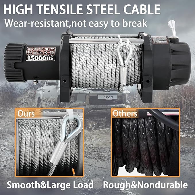 12V 15000LBS Electric Winch Steel Rope Electric Winch for Towing ATV/UTV Off Road with Mounting Bracket Wireless Remote,Black