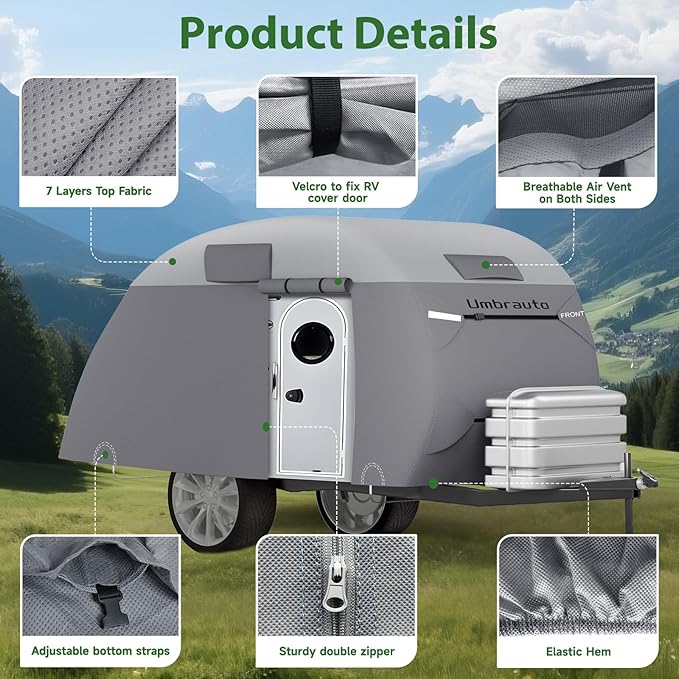 Umbrauto Teardrop Travel Trailer Cover Fits 5'-8' Trailers, 7 Layers Top Heavy Duty Waterproof Camper Cover with Windproof Strap for R-Pod Trailers, Clamshell Trailers