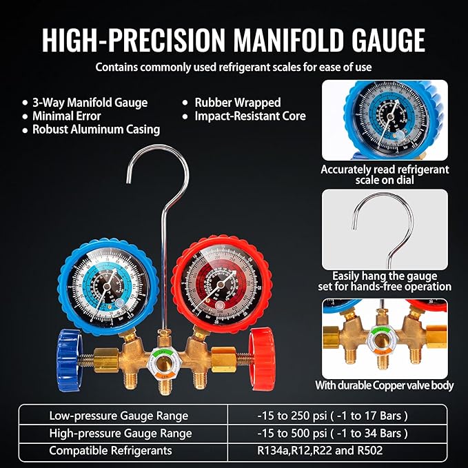 4.5 CFM AC Vacuum Pump and Gauge Set,for Mini Split/HVAC/Auto Systems,Manifold Gauge Kit Fits R134a R12 R22 R502,with Leak Detector,Upgraded Trifold Storage Case,3 Hoses,R134a Can Tap