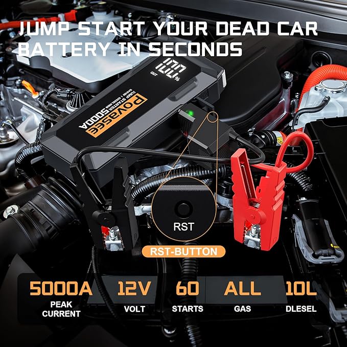 5000A Jump Starter Povasee A40 Car BatteryJump Starter, 12V Jump Box for Car Up to All Gas or 10L Diesel Engine Battery Jumper Starter Portable with 3" LCD Display Power Bank/Dual Output/LED Light