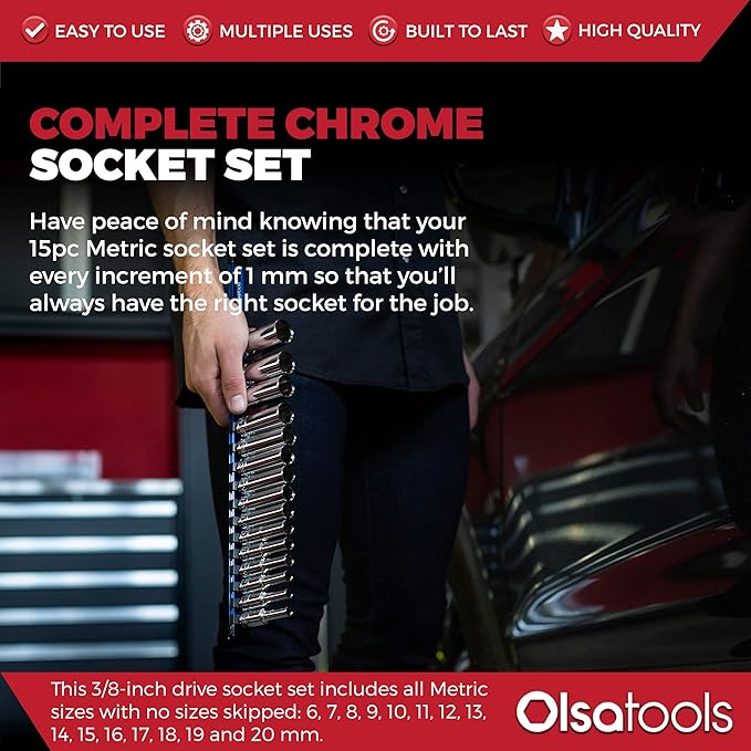 Olsa Tools Metric Deep Socket Set - 3/8-Inch Drive, 15pc - 6-Point Chrome Sockets from 6mm–20mm and No Skipped Sizes - Mechanic Deep Metric Socket Set - Professional Grade Long Sockets - Part: 1316