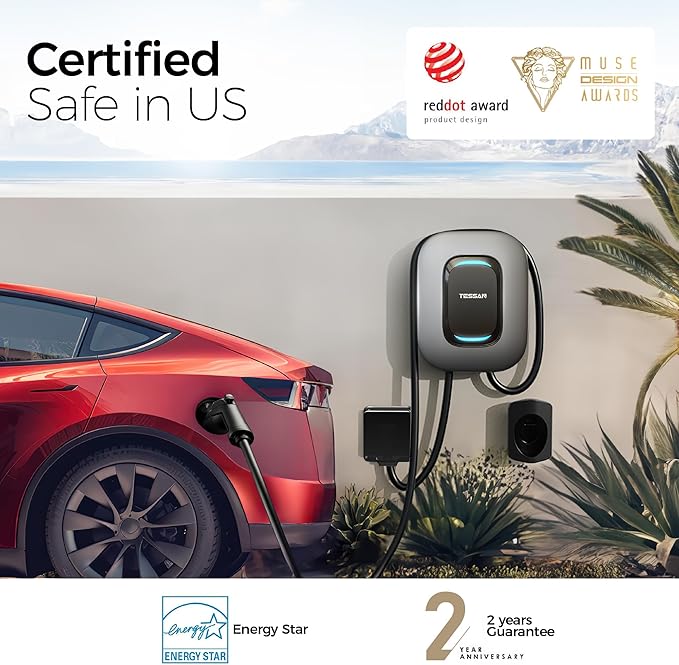 TESSAN Level 2 EV Charger, Hardwired Electric Vehicle Fast Charging Station, 48A/240V Smart Equipment App Control Wi-Fi （Only 2.4Ghz）& Bluetooth, 25ft Cable with Holder for Indoor Outdoor Home