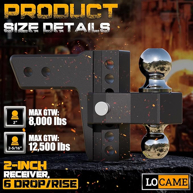 LOCAME Adjustable Trailer Hitch, Fits 2-Inch Receiver, 6-Inch Drop/Rise Aluminum Drop Hitch,12,500 LBS GTW-Tow Hitch for Heavy Duty Truck with Double Stainless Steel Locks, Black, LC0024