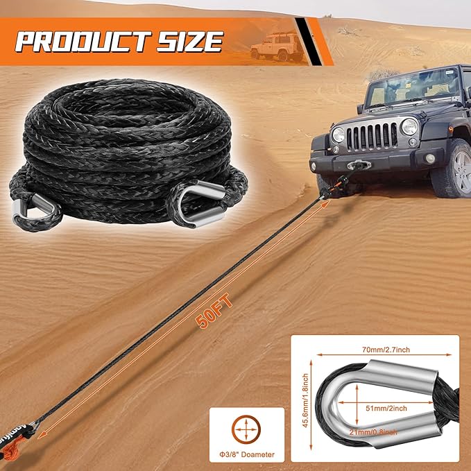 Synthetic Winch Rope Extension, 3/8Inch x 50Ft 26500 Lbs Winch Extension Cable Replacement Tow Ropes Line for Off Road Vehicle ATV UTV Truck SUV Jeep (Black)